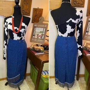 VTG 80s 90s Sas'sa Blue Denim Fringe Hem Western Skirt High Waist Cowgirl Size?